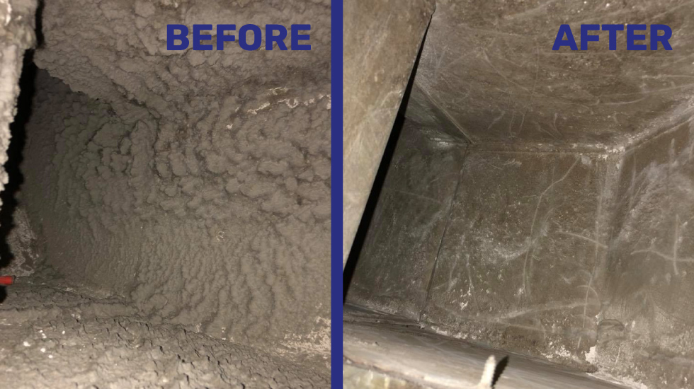 Photos of air duct before and after air duct cleaning